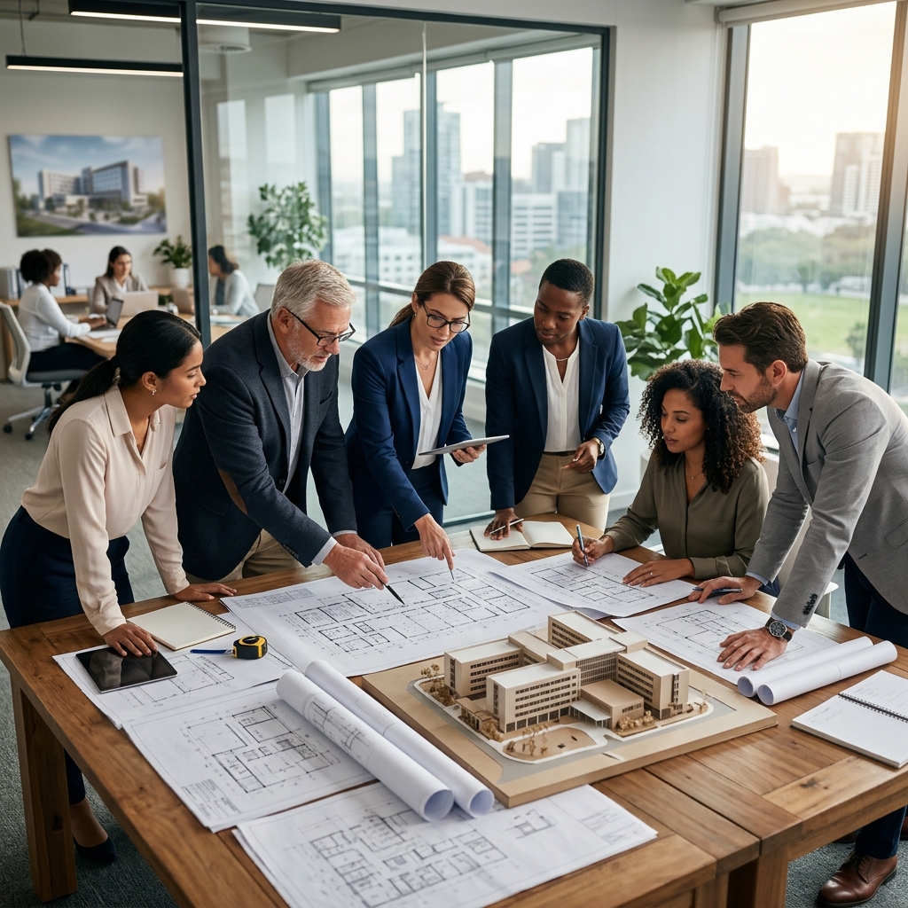 Healthcare executives reviewing hospital blueprints