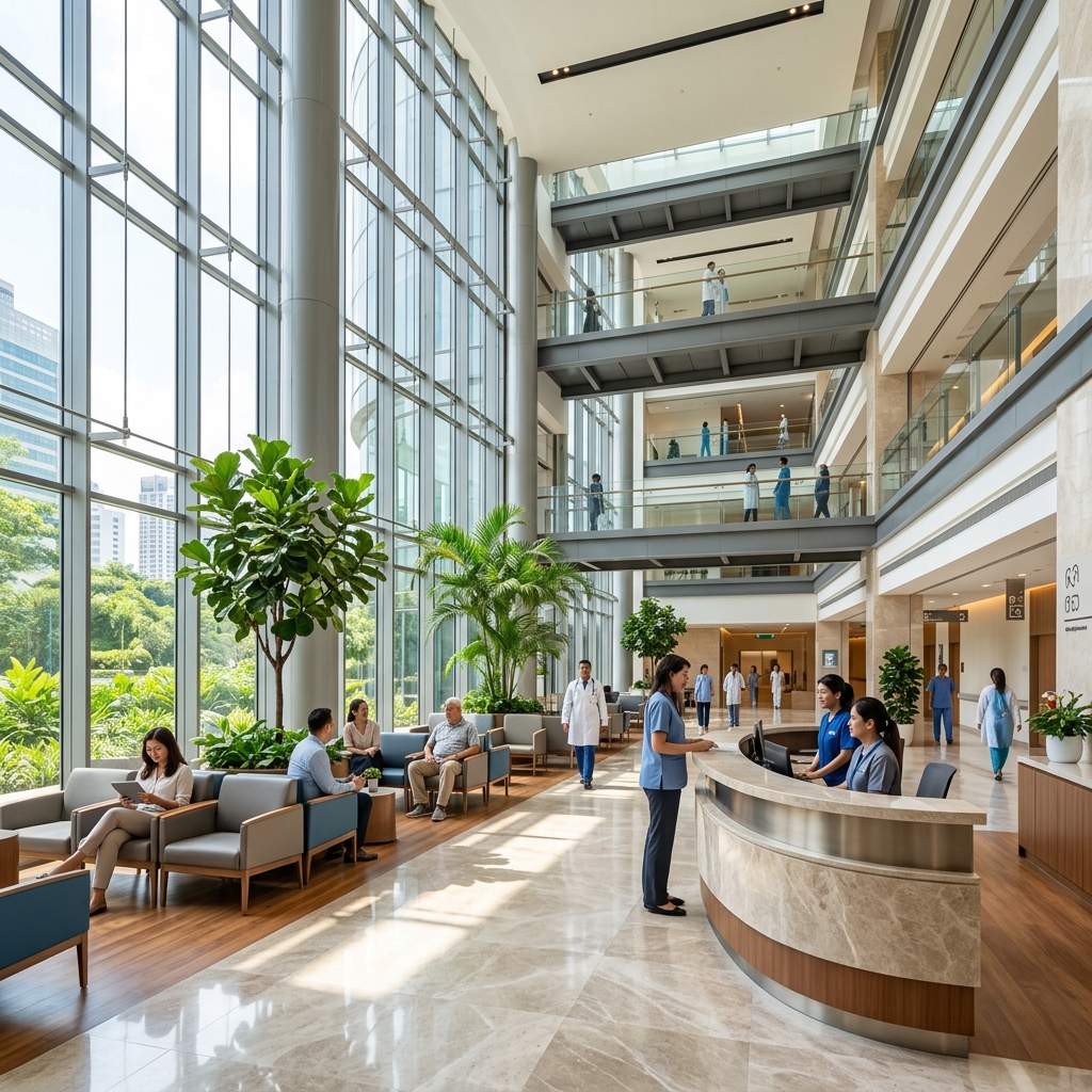 Modern multi-specialty hospital atrium and main lobby